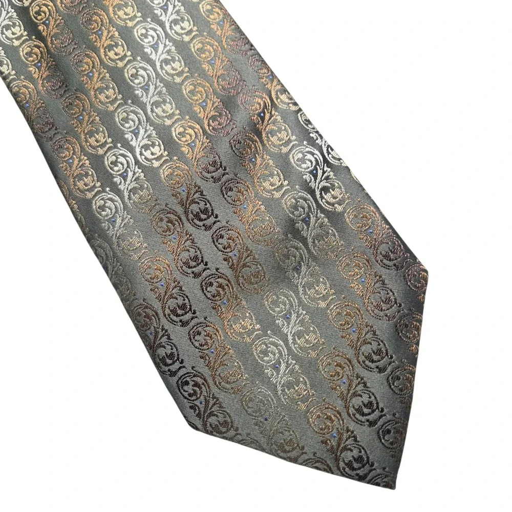 Roberto Villini Couture Vintage NWT Silk Tie Olive Green Gold Scroll Necktie